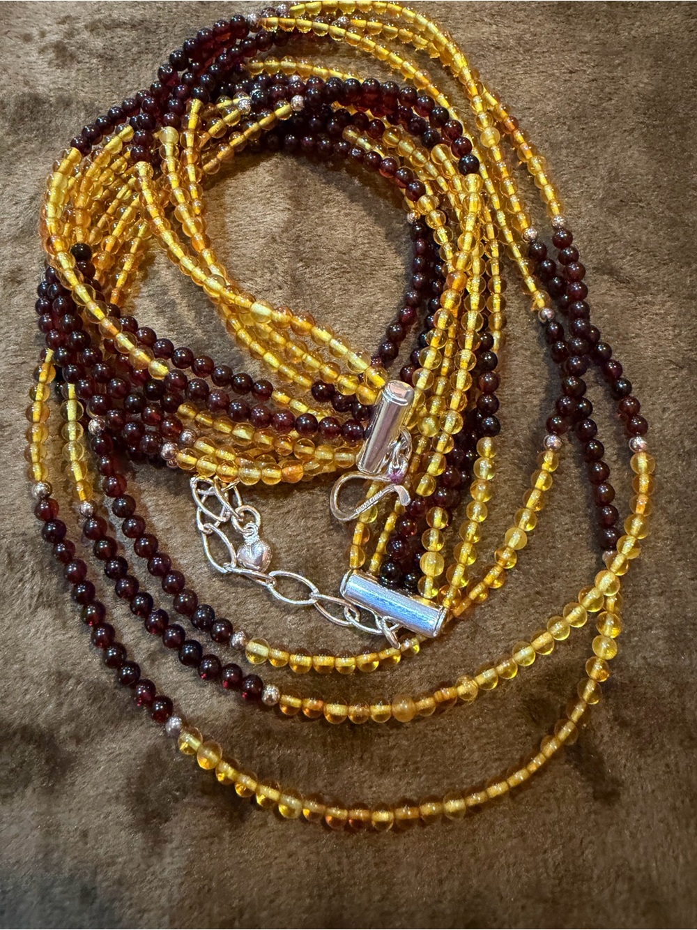 NEW Jay King Garnet & Golden Copal 5-Strand Sterling Silver Necklace (282)